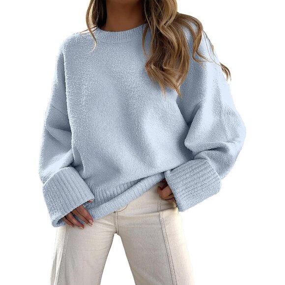 Women's Oversized Sweater Fuzzy Light Blue Long Sleeve Casual Chunky Pullover - Picture 1 of 9